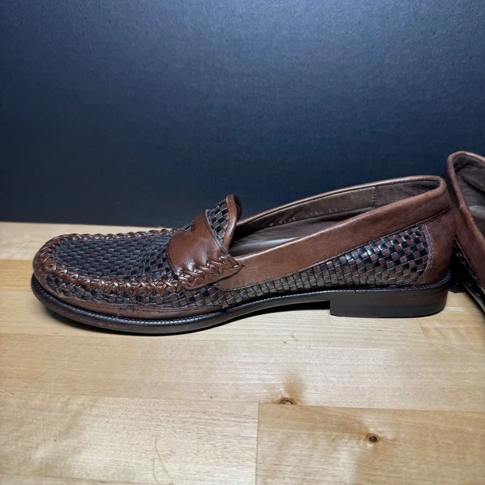 Cole Haan Country Mens 8.5 A Woven Leather Penny Loafers Brown Black F 9439